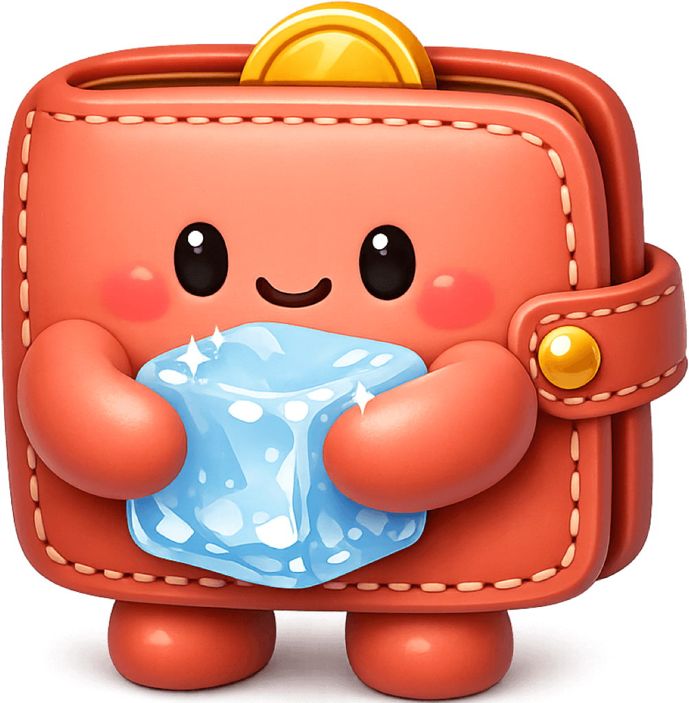 Pip, the ColdCart wallet mascot, hugging an ice cube